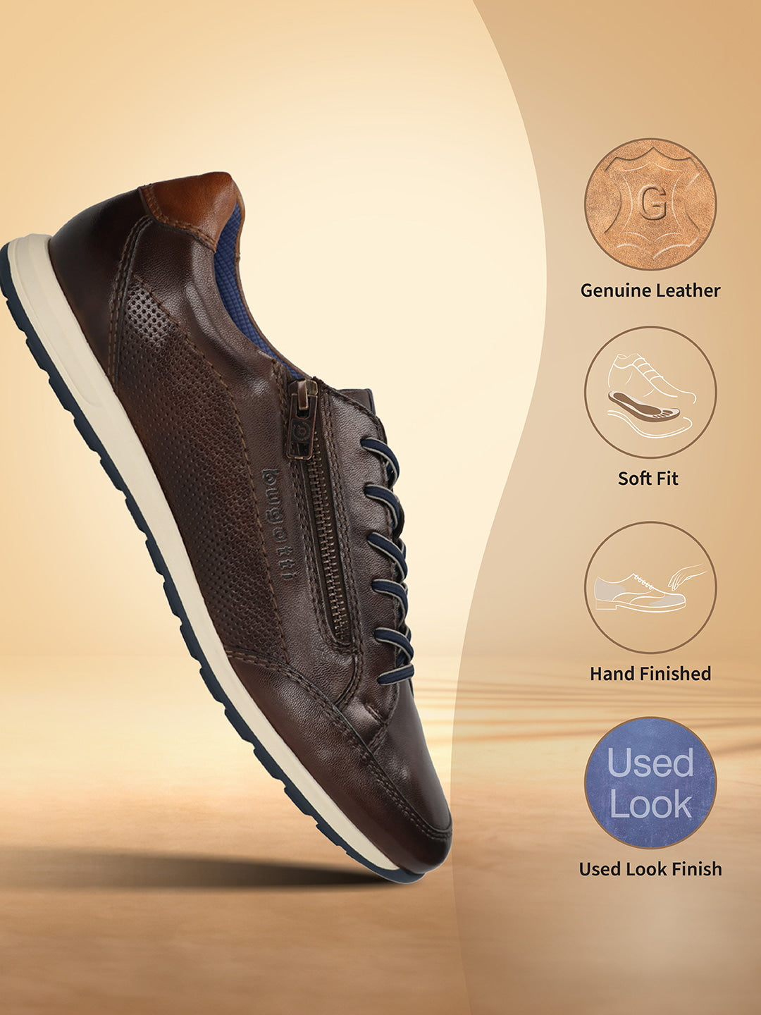 Brown leather comfort sneakers by bugatti with side zipper and contrast blue laces and sole.