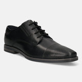 Men's Bugatti derby black leather shoes with a pointed toe and plain toe featuring a moulded heel , a tpr outsole , and laces fastening.