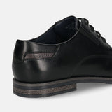 Men's Bugatti derby black leather shoes with a pointed toe and plain toe featuring a moulded heel , a tpr outsole , and laces fastening.