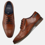 Men's Bugatti derby cognac leather shoes with a pointed toe and plain toe featuring a moulded heel , a tpr outsole , and laces fastening.