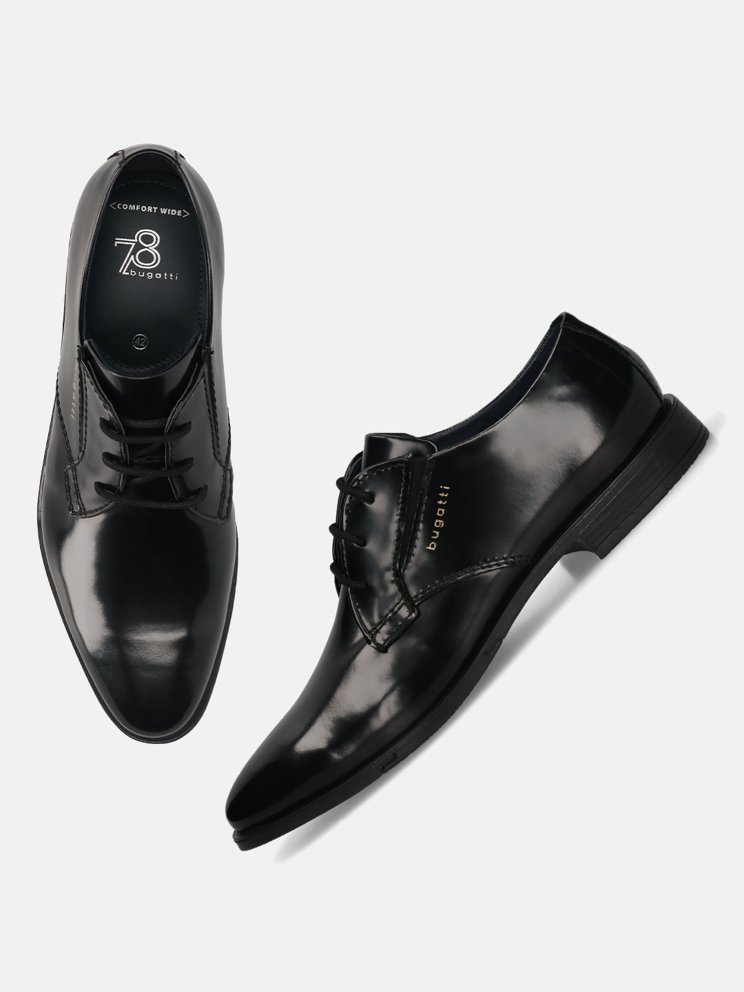 Men's Bugatti derby black leather shoes with a pointed toe and plain toe featuring a moulded heel , a tpr outsole , and laces fastening.