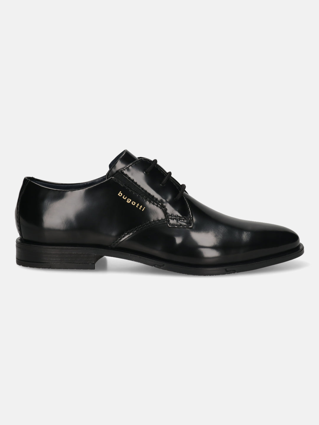 Men's Bugatti derby black leather shoes with a pointed toe and plain toe featuring a moulded heel , a tpr outsole , and laces fastening.