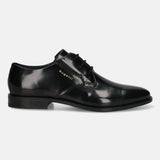 Men's Bugatti derby black leather shoes with a pointed toe and plain toe featuring a moulded heel , a tpr outsole , and laces fastening.