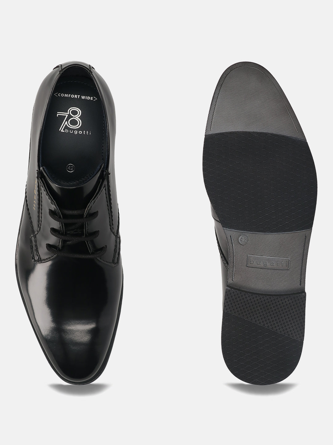 Men's Bugatti derby black leather shoes with a pointed toe and plain toe featuring a moulded heel , a tpr outsole , and laces fastening.