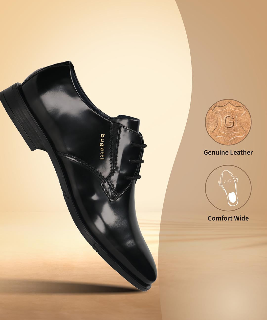Men's Bugatti derby black leather shoes with a pointed toe and plain toe featuring a moulded heel , a tpr outsole , and laces fastening.