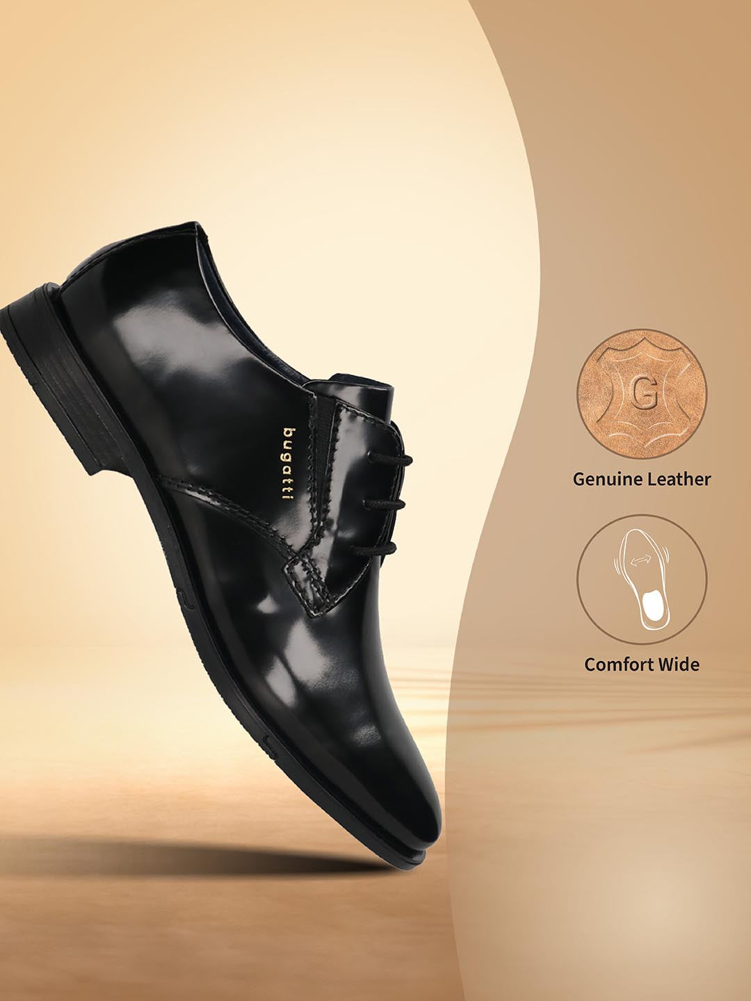 Men's Bugatti derby black leather shoes with a pointed toe and plain toe featuring a moulded heel , a tpr outsole , and laces fastening.