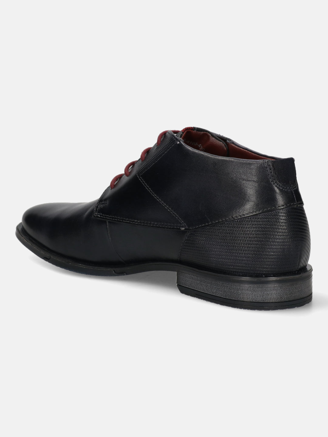 Dark blue leather chukka boot by bugatti, with dark red laces and textured heel detail.