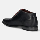 Dark blue leather chukka boot by bugatti, with dark red laces and textured heel detail.