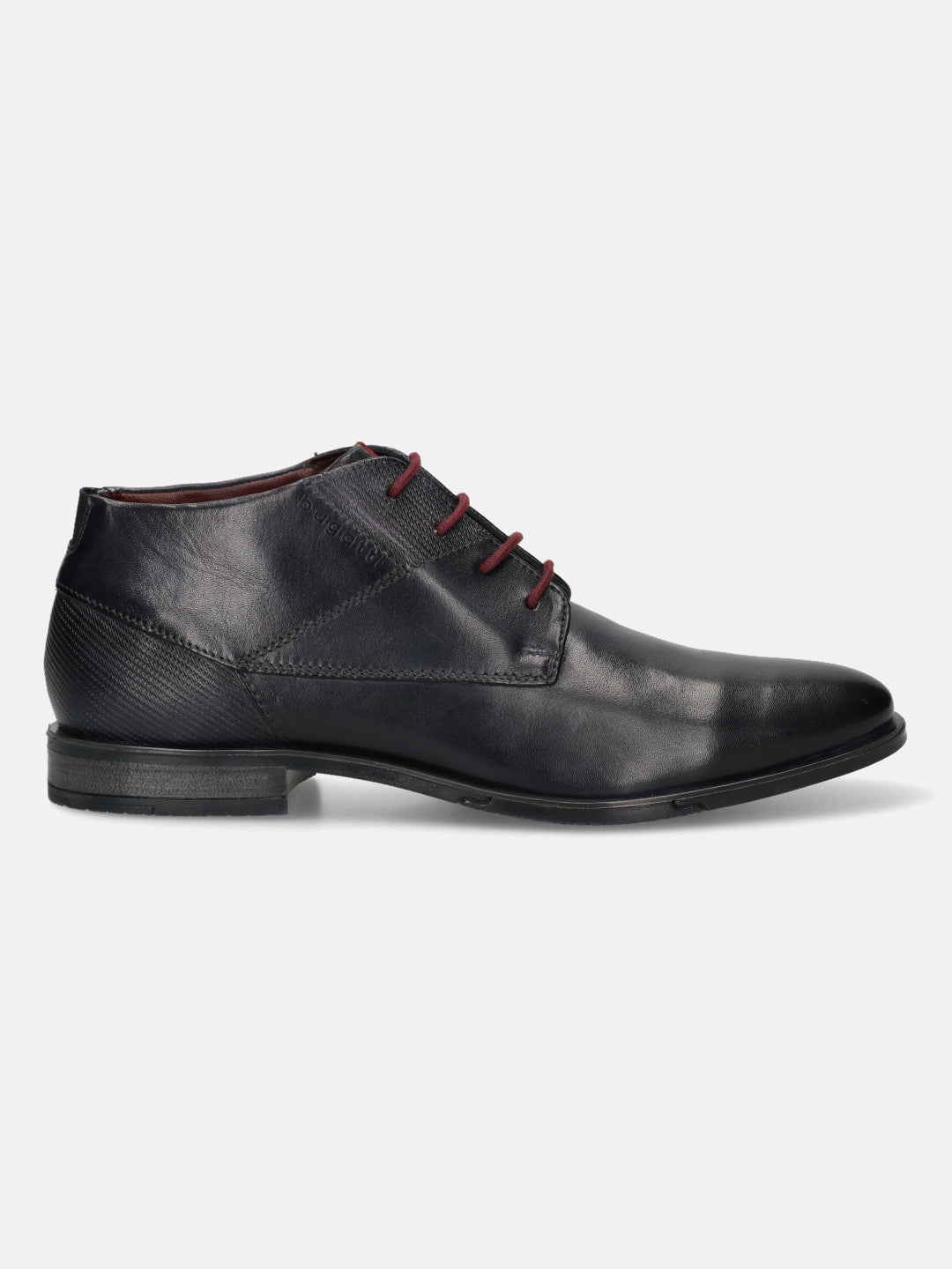 Dark blue premium leather chukka boots by bugatti with burgundy laces and textured heel detail.