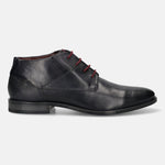 Dark blue premium leather chukka boots by bugatti with burgundy laces and textured heel detail.