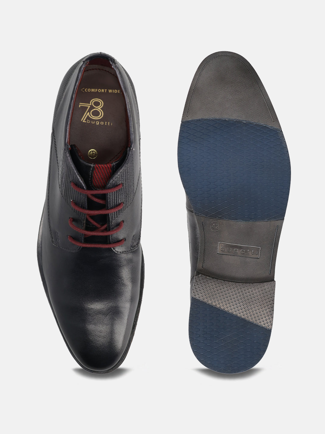 Dark blue premium leather comfort chukka boots by bugatti with a lightly textured detail around the laces.