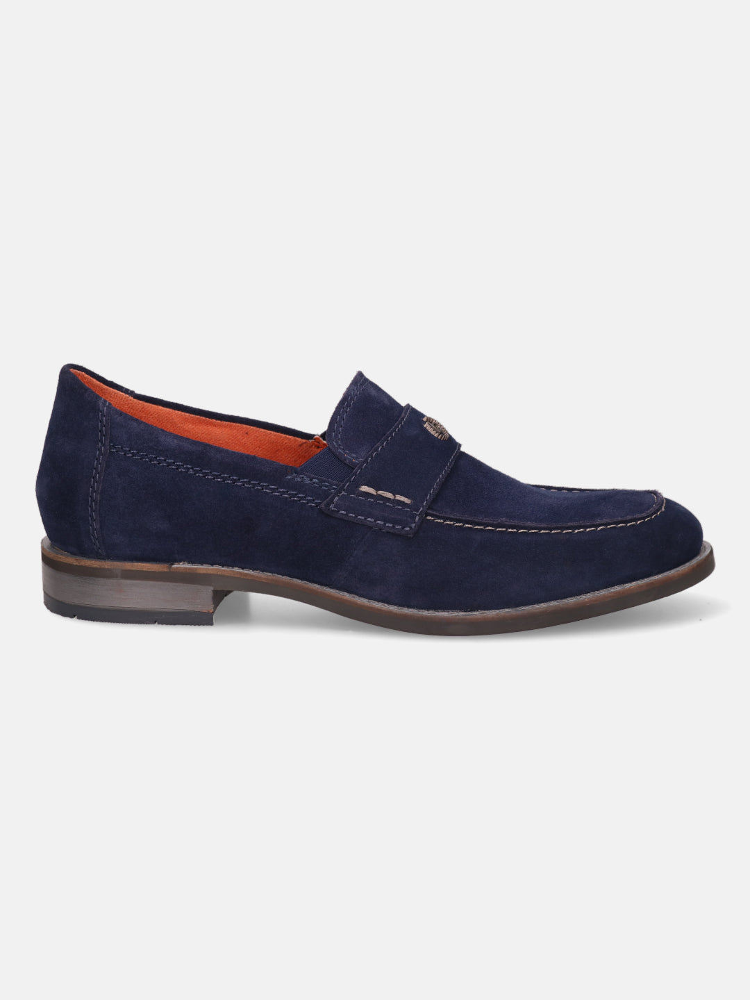 A blue Men's bugatti Penny Loafer featuring a round apron toe, moulded  heel. Made from suede leather with a durable tr outsole, this slip-on design offers both style and comfort.