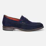 A blue Men's bugatti Penny Loafer featuring a round apron toe, moulded  heel. Made from suede leather with a durable tr outsole, this slip-on design offers both style and comfort.