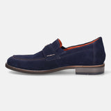 A blue Men's bugatti Penny Loafer featuring a round apron toe, moulded  heel. Made from suede leather with a durable tr outsole, this slip-on design offers both style and comfort.