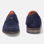 A blue Men's bugatti Penny Loafer featuring a round apron toe, moulded  heel. Made from suede leather with a durable tr outsole, this slip-on design offers both style and comfort.