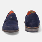 A blue Men's bugatti Penny Loafer featuring a round apron toe, moulded  heel. Made from suede leather with a durable tr outsole, this slip-on design offers both style and comfort.