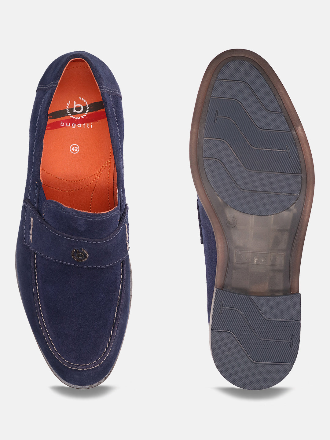 A blue Men's bugatti Penny Loafer featuring a round apron toe, moulded  heel. Made from suede leather with a durable tr outsole, this slip-on design offers both style and comfort.