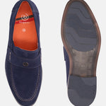 A blue Men's bugatti Penny Loafer featuring a round apron toe, moulded  heel. Made from suede leather with a durable tr outsole, this slip-on design offers both style and comfort.