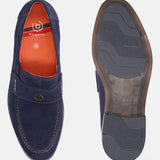 A blue Men's bugatti Penny Loafer featuring a round apron toe, moulded  heel. Made from suede leather with a durable tr outsole, this slip-on design offers both style and comfort.