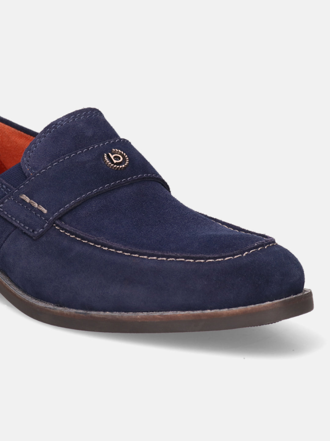 A blue Men's bugatti Penny Loafer featuring a round apron toe, moulded  heel. Made from suede leather with a durable tr outsole, this slip-on design offers both style and comfort.