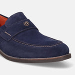 A blue Men's bugatti Penny Loafer featuring a round apron toe, moulded  heel. Made from suede leather with a durable tr outsole, this slip-on design offers both style and comfort.