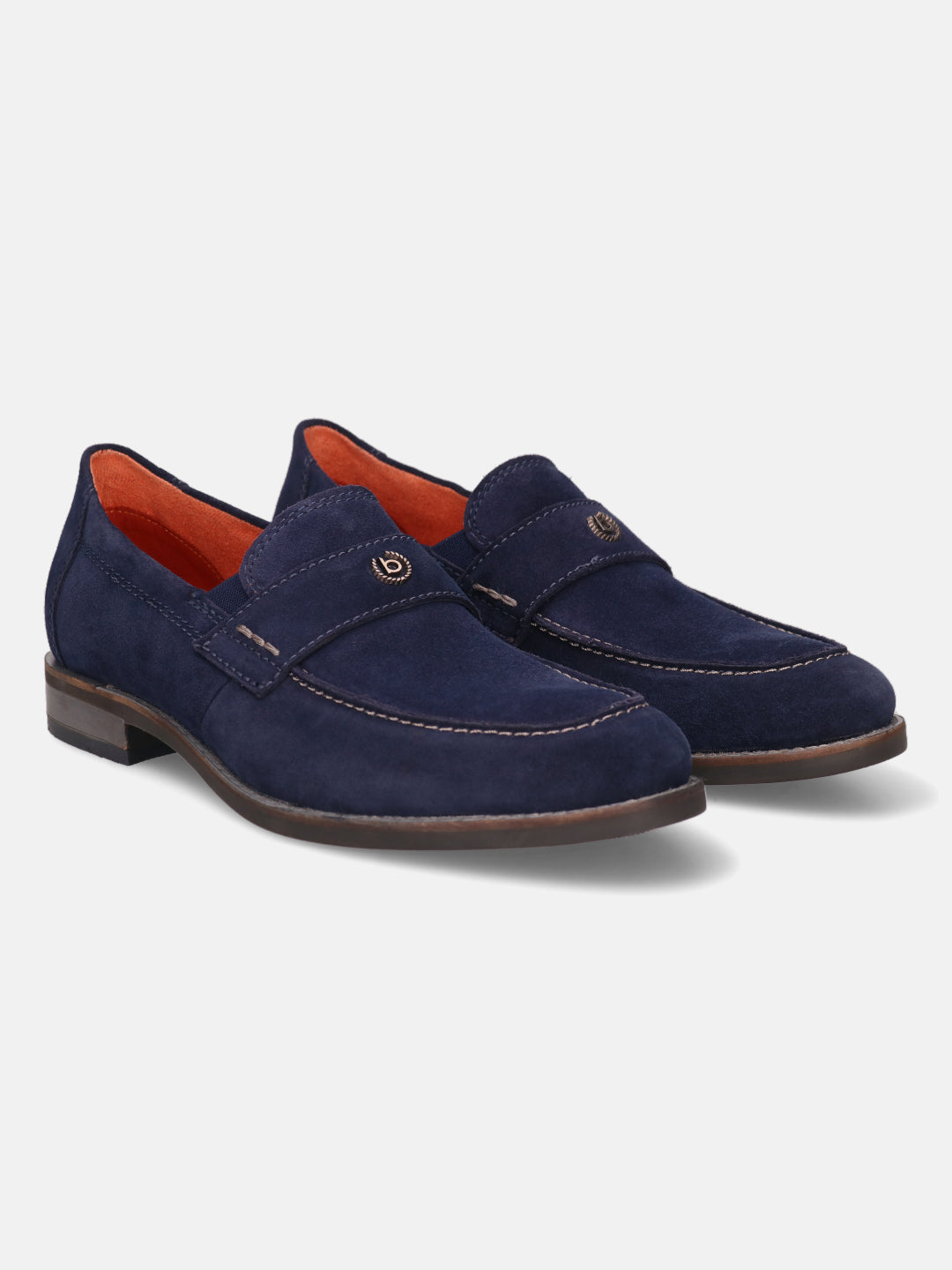 A blue Men's bugatti Penny Loafer featuring a round apron toe, moulded  heel. Made from suede leather with a durable tr outsole, this slip-on design offers both style and comfort.