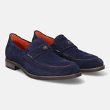 A blue Men's bugatti Penny Loafer featuring a round apron toe, moulded  heel. Made from suede leather with a durable tr outsole, this slip-on design offers both style and comfort.