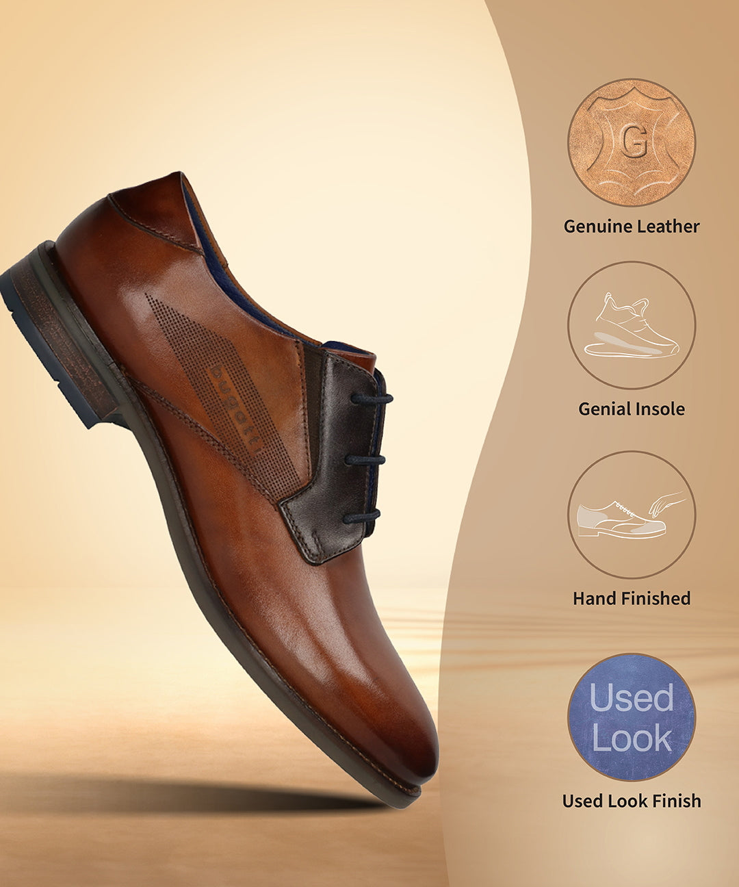 Cognac premium leather dress shoes by bugatti with a used look finish and hand finished details.