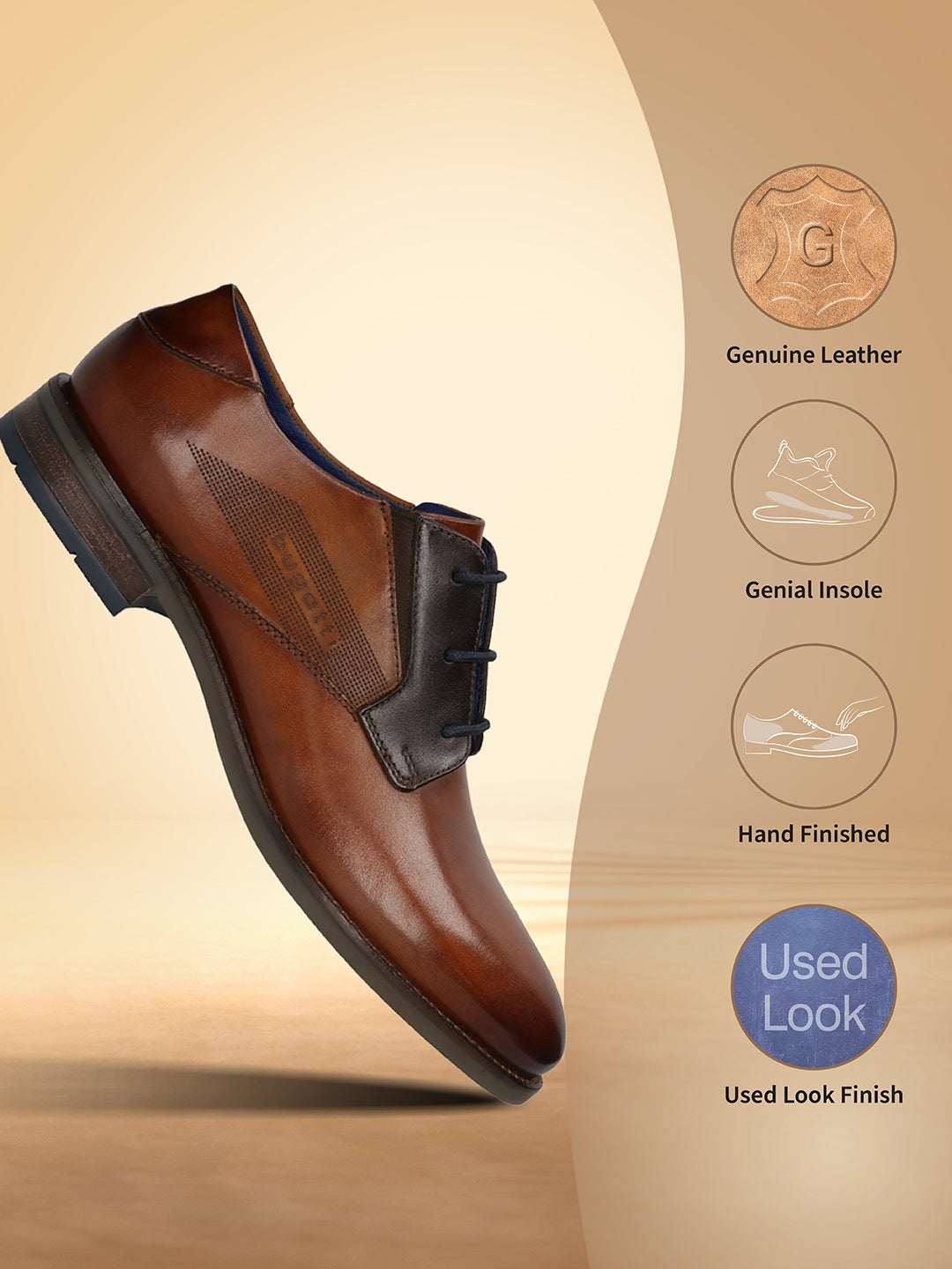 Cognac premium leather dress shoes by bugatti with a used look finish and hand finished details.
