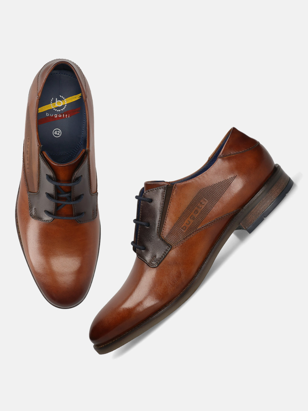 Cognac leather derby shoes by bugatti featuring textured accents and blue laces.
