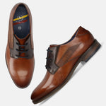 Cognac leather derby shoes by bugatti featuring textured accents and blue laces.