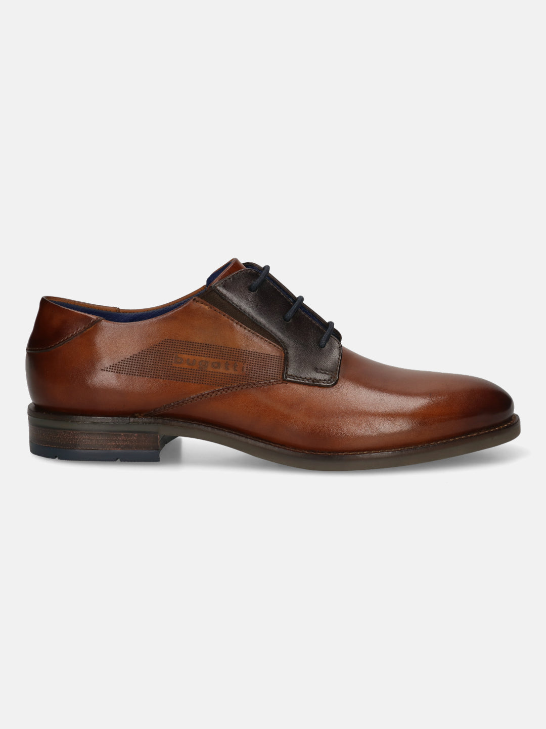 Cognac leather dress shoe by Bugatti, with dark brown accents and decorative perforations.