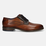 Cognac leather dress shoe by Bugatti, with dark brown accents and decorative perforations.