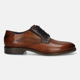 Cognac leather dress shoe by Bugatti, with dark brown accents and decorative perforations.