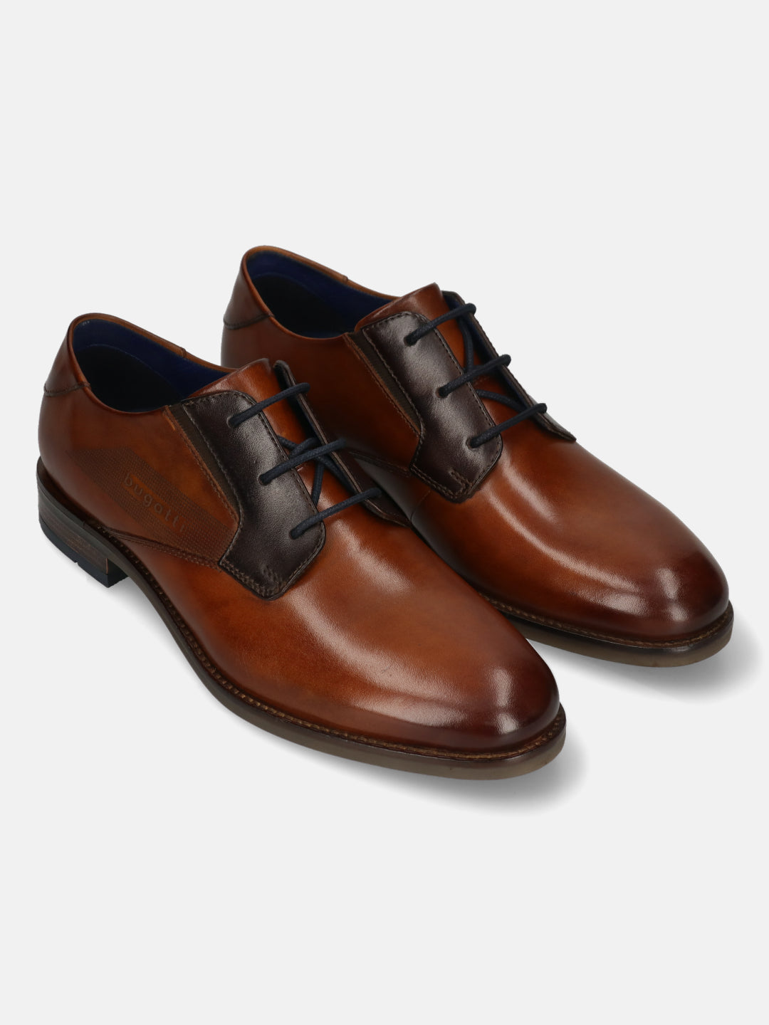 Cognac leather derby formal shoes by Bugatti with dark brown detailing and blue lining.