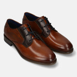 Cognac leather derby formal shoes by Bugatti with dark brown detailing and blue lining.