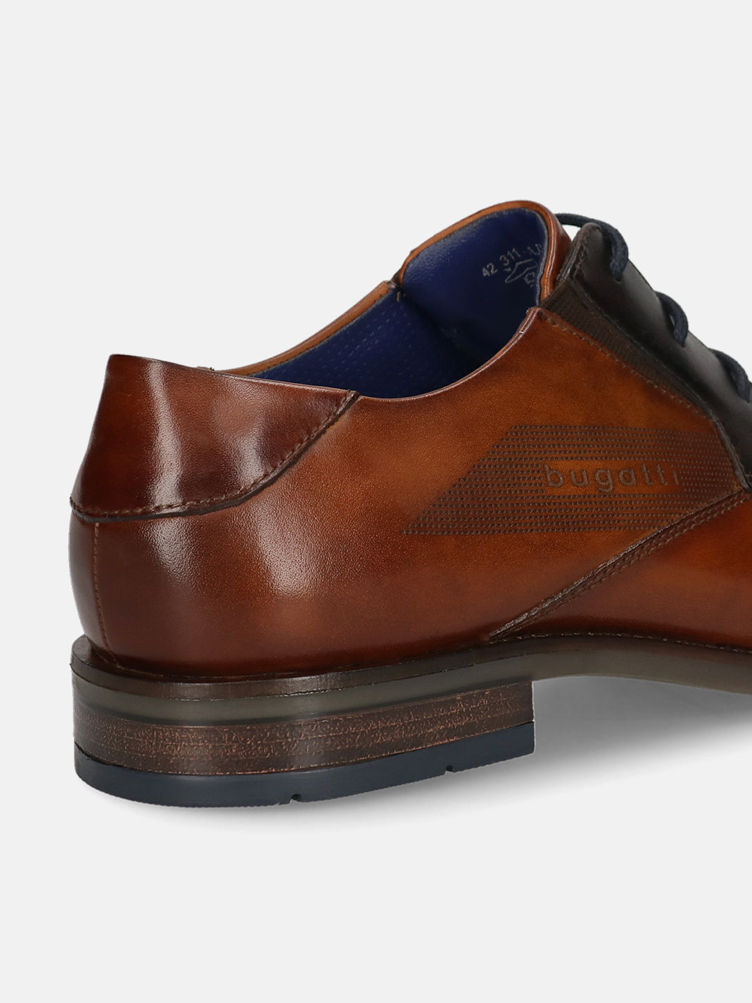 Cognac leather formal shoe by bugatti with layered heel and subtle Bugatti text pattern.