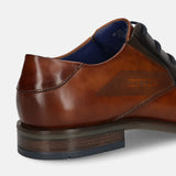 Cognac leather formal shoe by bugatti with layered heel and subtle Bugatti text pattern.