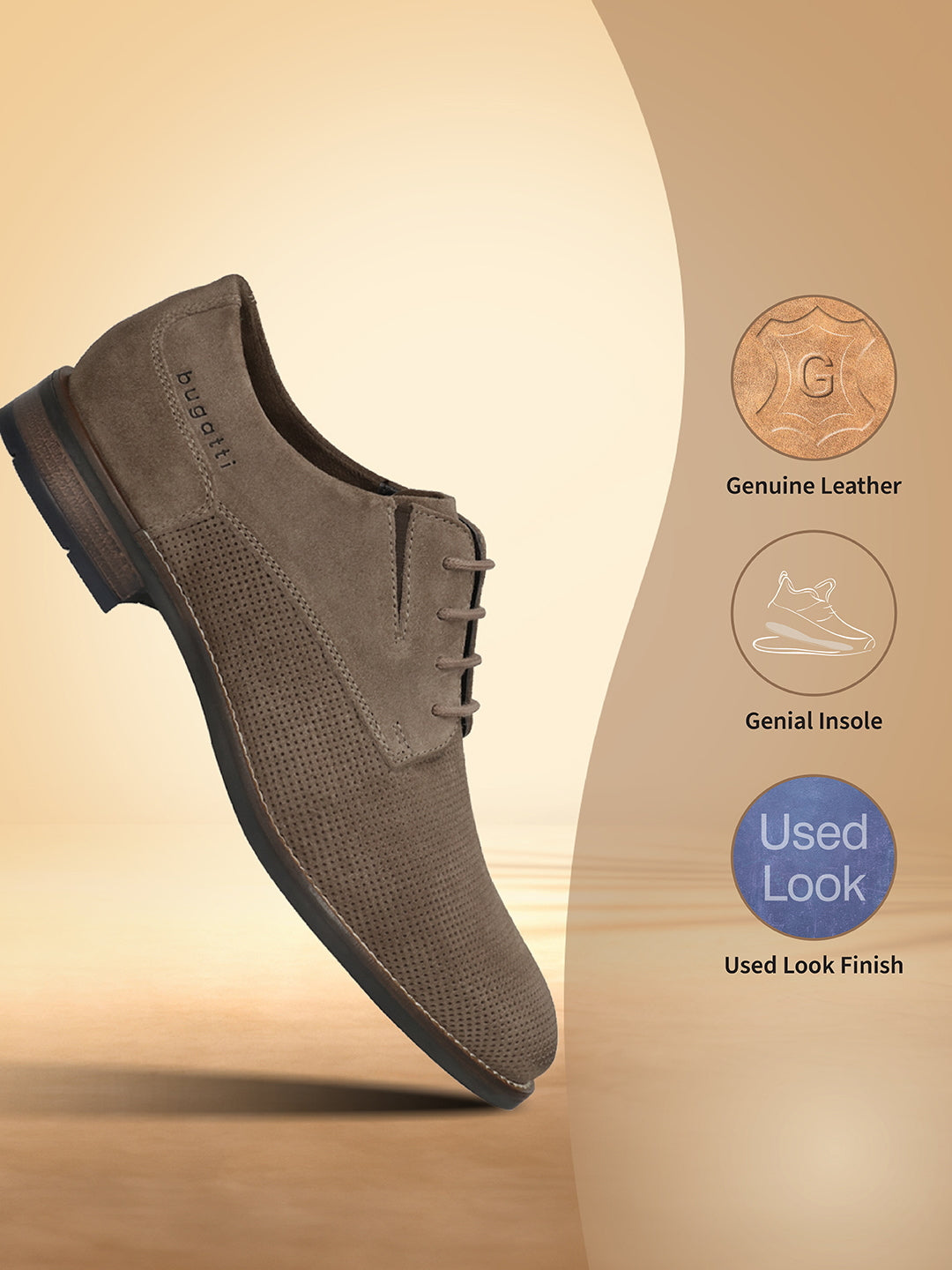 Men's Bugatti derby beige leather shoes with a pointed toe and plain toe featuring a moulded heel , a tpr outsole , and laces fastening.