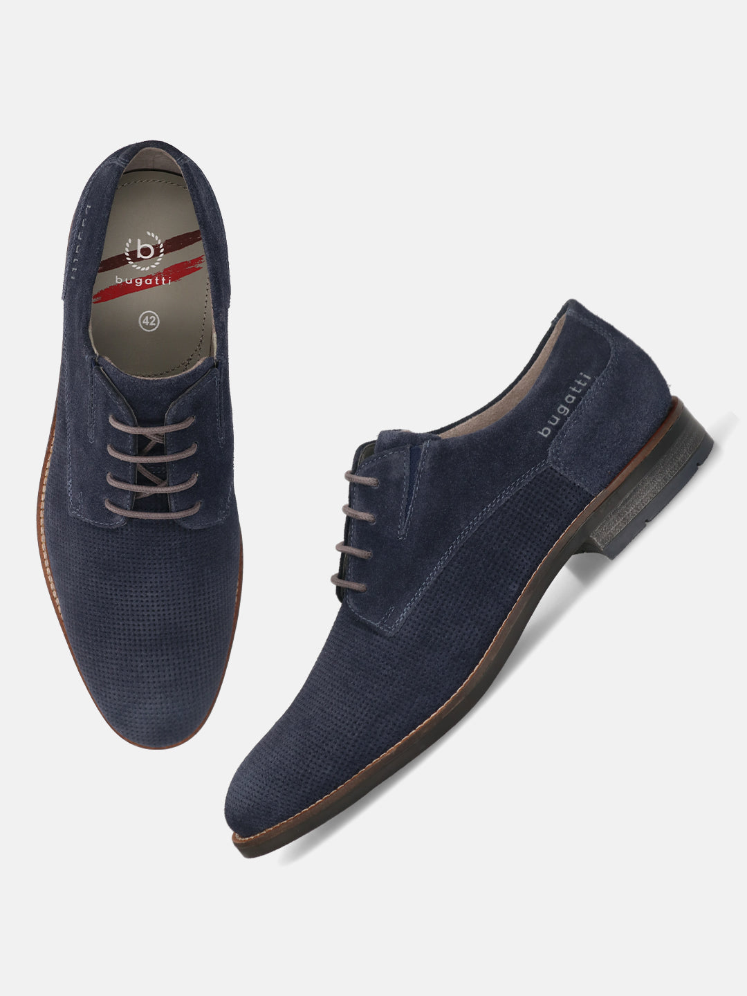 Dark blue leather derby formal shoes by bugatti with micro-perforated texture and brown laces.