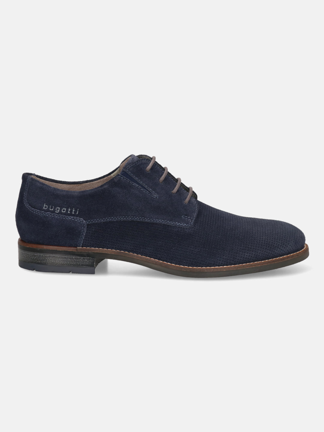 Dark blue leather derby shoe by Bugatti with brown laces and patterned texture.
