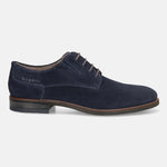 Dark blue leather derby shoe by Bugatti with brown laces and patterned texture.