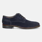 Dark blue leather derby shoe by Bugatti with brown laces and patterned texture.