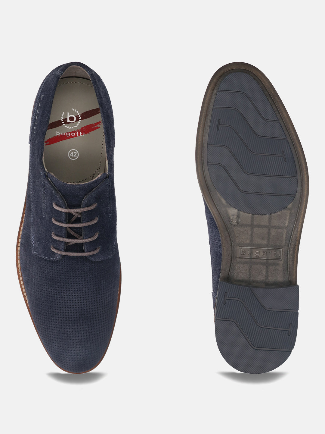 Dark blue suede comfort derby shoes by bugatti with perforated texture and lace-up closure, sole view visible.