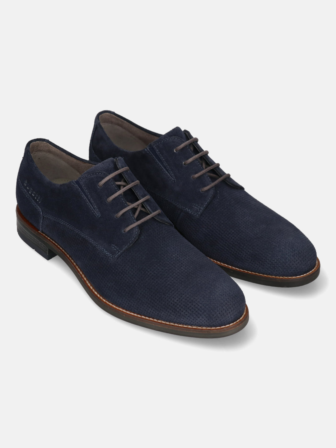 Dark blue leather derby shoes by bugatti with brown laces and textured, dotted pattern.