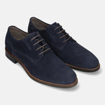 Dark blue leather derby shoes by bugatti with brown laces and textured, dotted pattern.