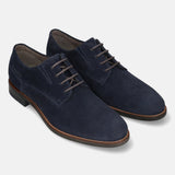 Dark blue leather derby shoes by bugatti with brown laces and textured, dotted pattern.