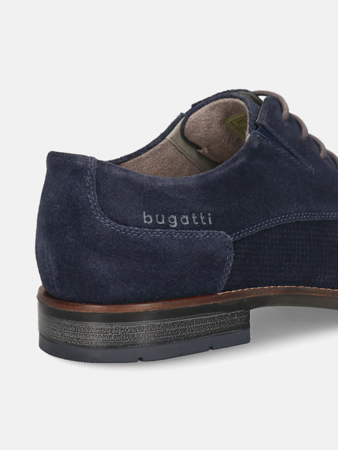 Dark blue leather formal derby shoes by bugatti with a suede texture and decorative stitching.