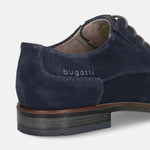 Dark blue leather formal derby shoes by bugatti with a suede texture and decorative stitching.