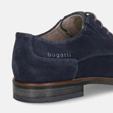 Dark blue leather formal derby shoes by bugatti with a suede texture and decorative stitching.